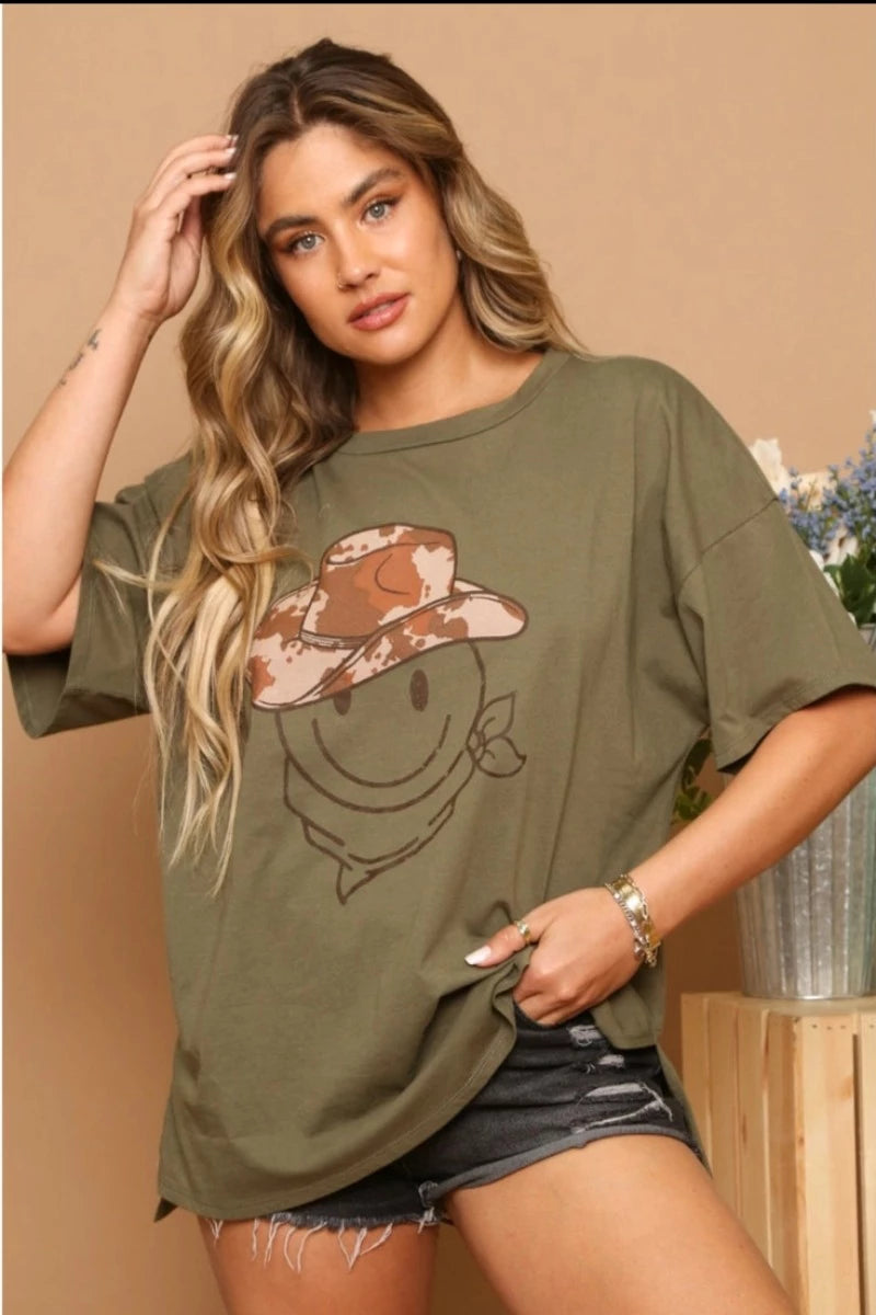 Smiley Face Graphic Tee Olive